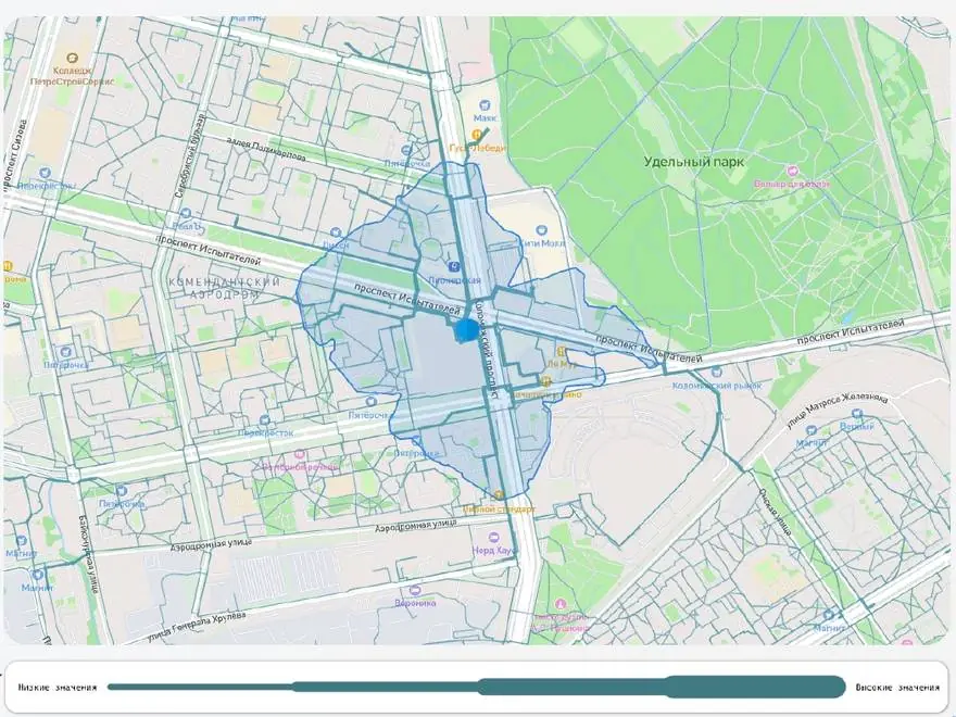 Карта с разложением пешеходного потока по отрезкам улиц